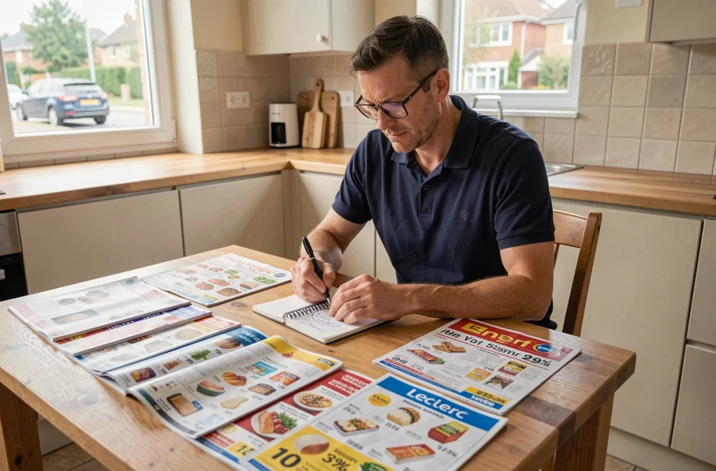 Homme comparant les catalogues de plusieurs enseignes dont Leclerc sur une table de cuisine
