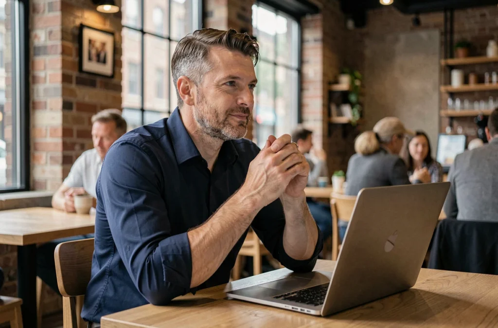 Homme en chemise croisantles doigts devant un ordinateur portable dans un café moderne