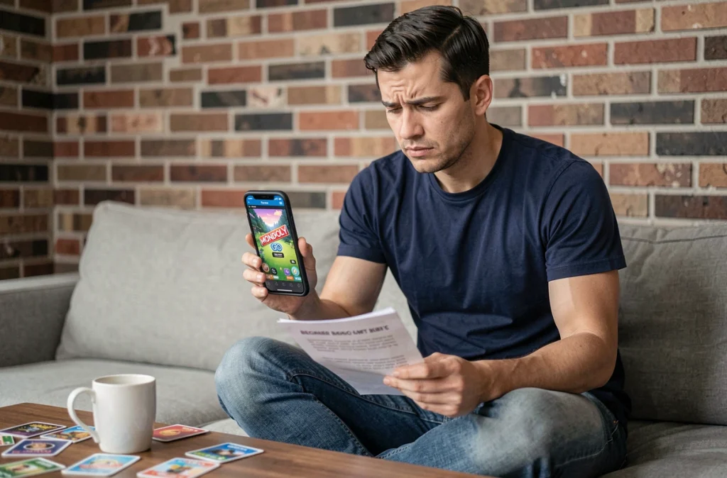Homme débutant découvrant le mode magnat sur l'application Monopoly GO depuis son canapé avec un guide papier