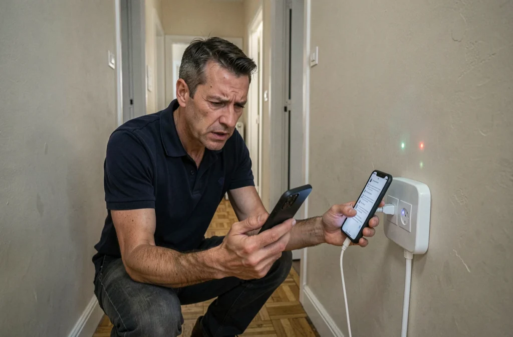 Homme diagnostiquant une panne de fibre optique Sosh en vérifiant son routeur dans le couloir de son appartement