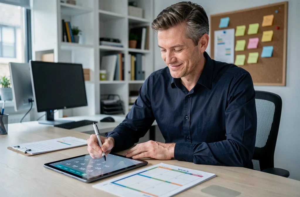 Homme travaillant sur un planning hebdomadaire numérique et papier dans un bureau moderne