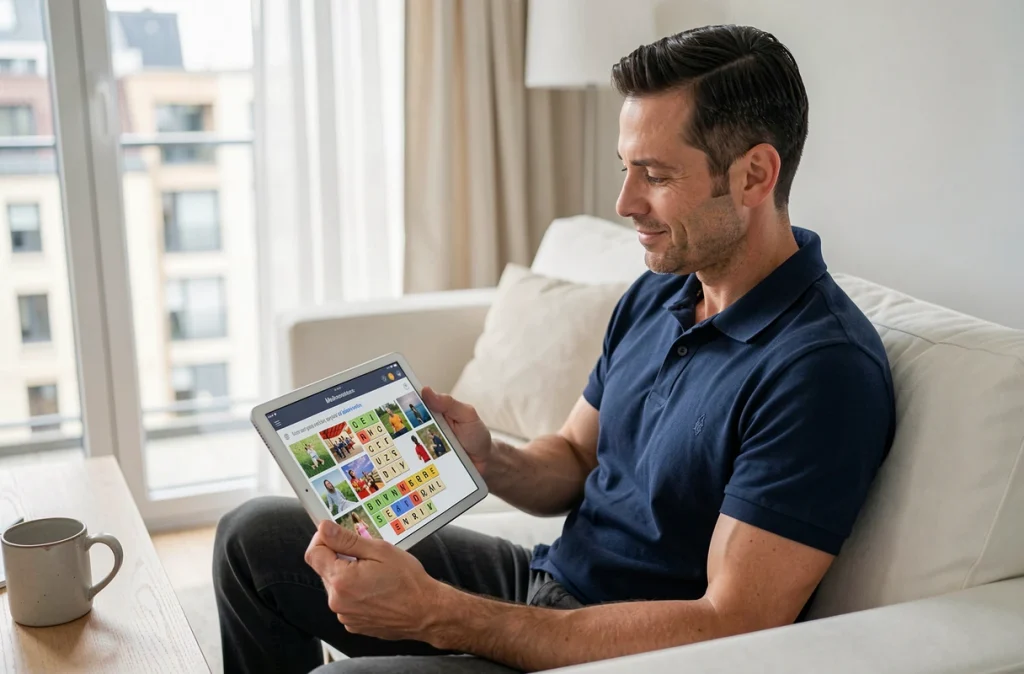 Homme adulte résolvant une grille de jeu 4 images 1 mot sur une tablette dans un salon lumineux