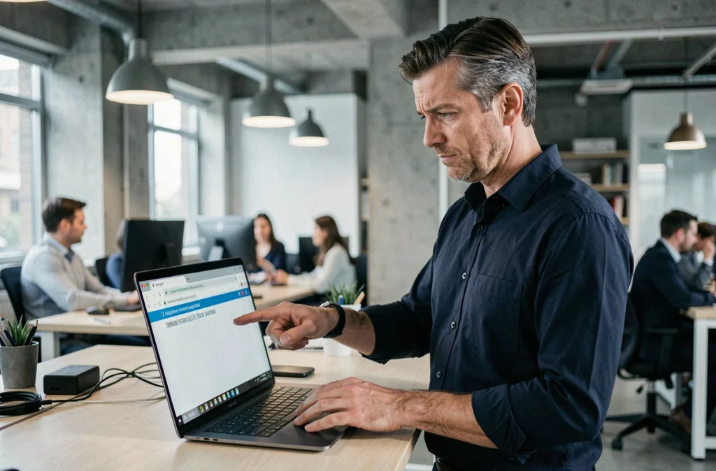 Homme en bureau vérifiant une URL suspecte sur son ordinateur portable pour identifier un site miroir pirate