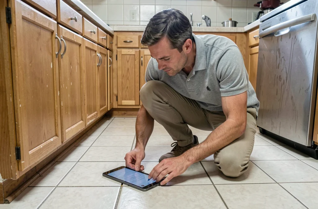 Locataire inspectant le carrelage d'une cuisine lors d'un état des lieux dans un appartement en location
