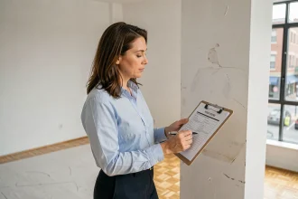 Propriétaire ou agent immobilier inspectant les murs d'un appartement vide lors d'un état des lieux d'entrée