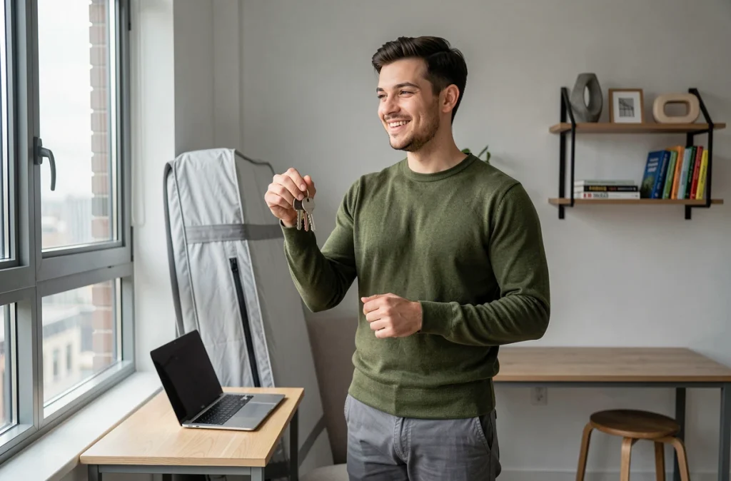 Jeune actif tenant les clés de son nouvel appartement meublé en location à Paris