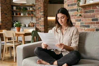 Jeune femme active signant un contrat de location meublée dans un appartement moderne et chaleureux