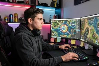 Joueur concentré devant ses écrans affichant une carte de portails DofusPortals pour optimiser le rush d'expérience et le farm de kamas