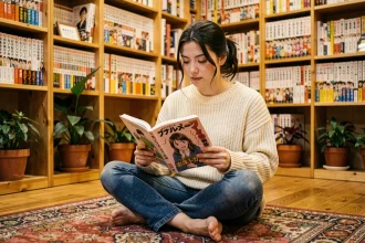Jeune femme lisant un manga dans une librairie spécialisée aux étagères remplies de volumes colorés