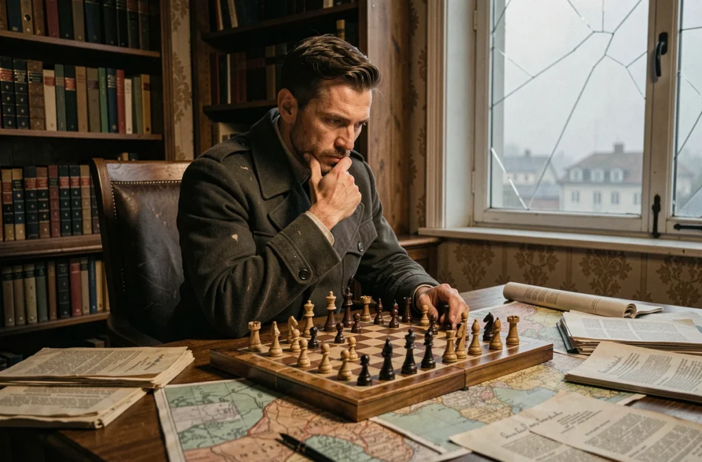 Homme en manteau militaire assis devant un bureau stratégique avec des cartes et un jeu d'échecs, évoquant l'ambition politique de Roy Mustang dans FMA Brotherhood