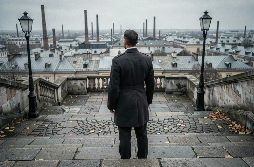 Homme en uniforme militaire contemplant seul une ville industrielle depuis un escalier en pierre, illustrant la solitude et l'ambition de Roy Mustang dans Fullmetal Alchemist Brotherhood