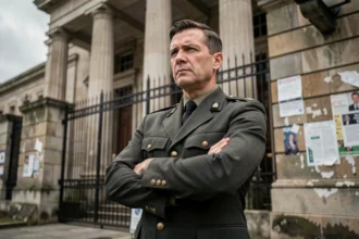 Homme en uniforme militaire sombre devant un bâtiment gouvernemental imposant, symbolisant l'obsession du pouvoir de Mustang dans Fullmetal Alchemist Brotherhood