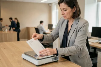 Professionnelle pesant des enveloppes courrier sur une balance postale dans un bureau moderne pour optimiser les envois