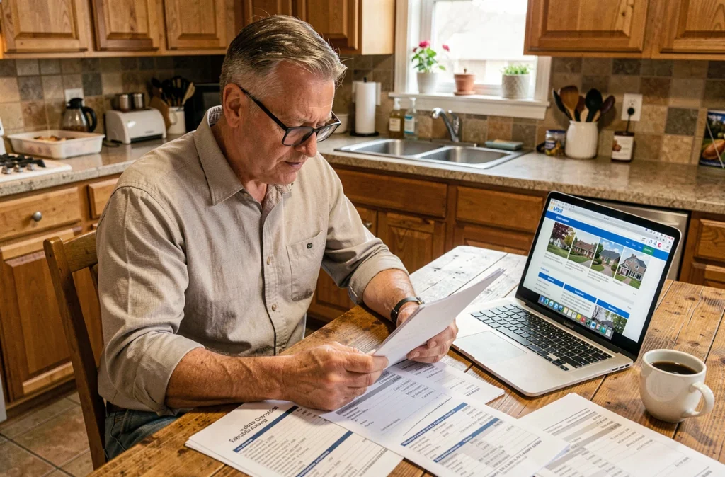 Propriétaire analysant des rapports d'estimation immobilière à la table de sa cuisine