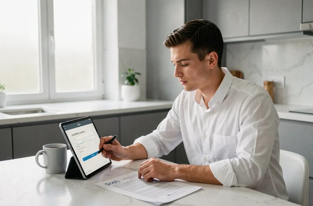 Jeune homme effectuant une résiliation de contrat Sosh fibre en ligne sur une tablette dans sa cuisine moderne