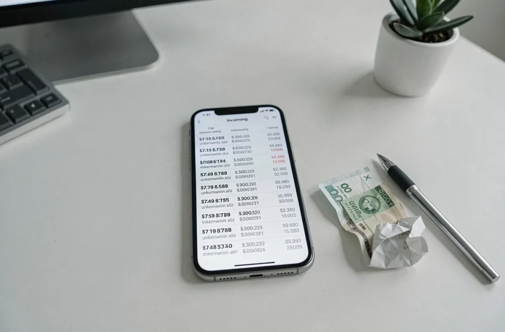 Smartphone affichant des appels répétés d'un numéro inconnu d'huissier posé sur un bureau avec une facture