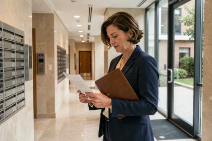 Syndic de copropriété femme consultant des documents dans le hall d'entrée d'un immeuble résidentiel