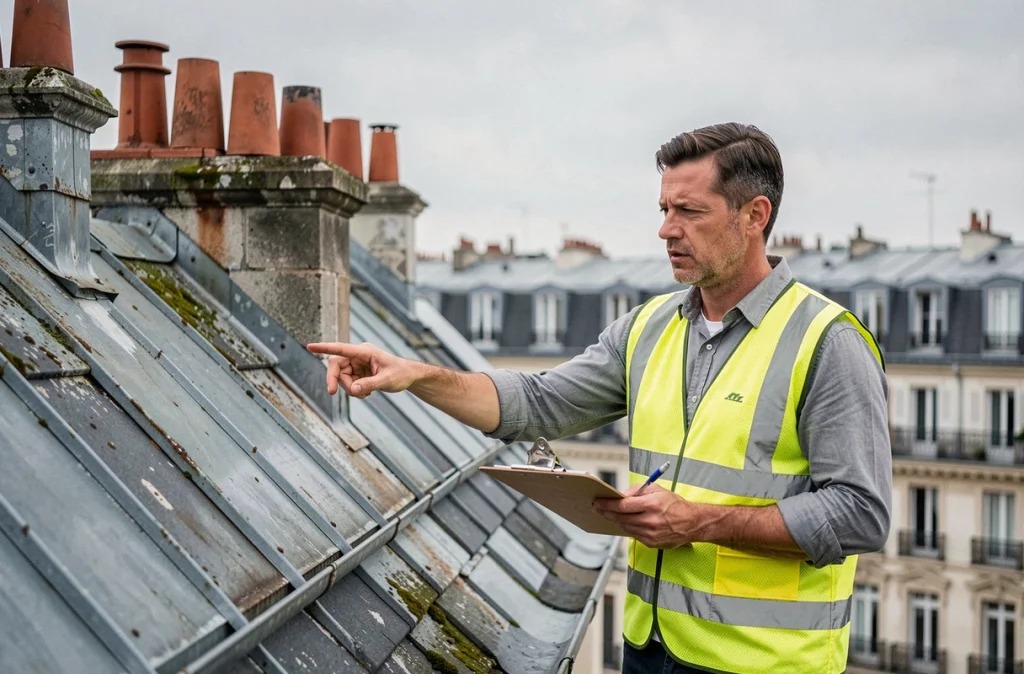 Syndic de copropriété inspectant la toiture d'un immeuble haussmannien à Paris avec un clipboard