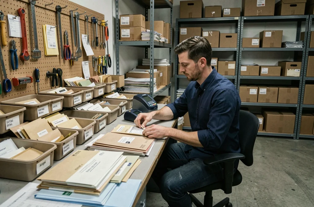 Employé triant des courriers et colis de différentes tailles dans une salle de tri postale professionnelle