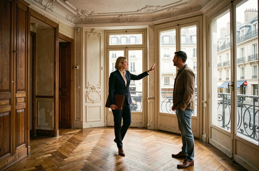Agent immobilière présentant un appartement ancien de style haussmannien à un acheteur potentiel