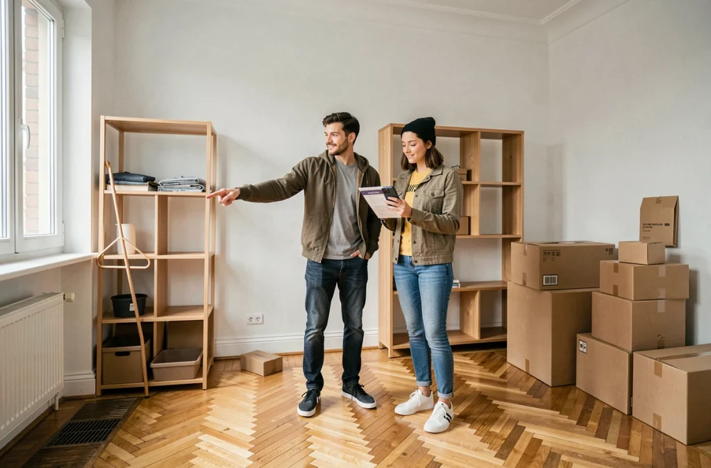 Deux jeunes actifs visitant un appartement meublé à louer avec parquet et boxes de déménagement