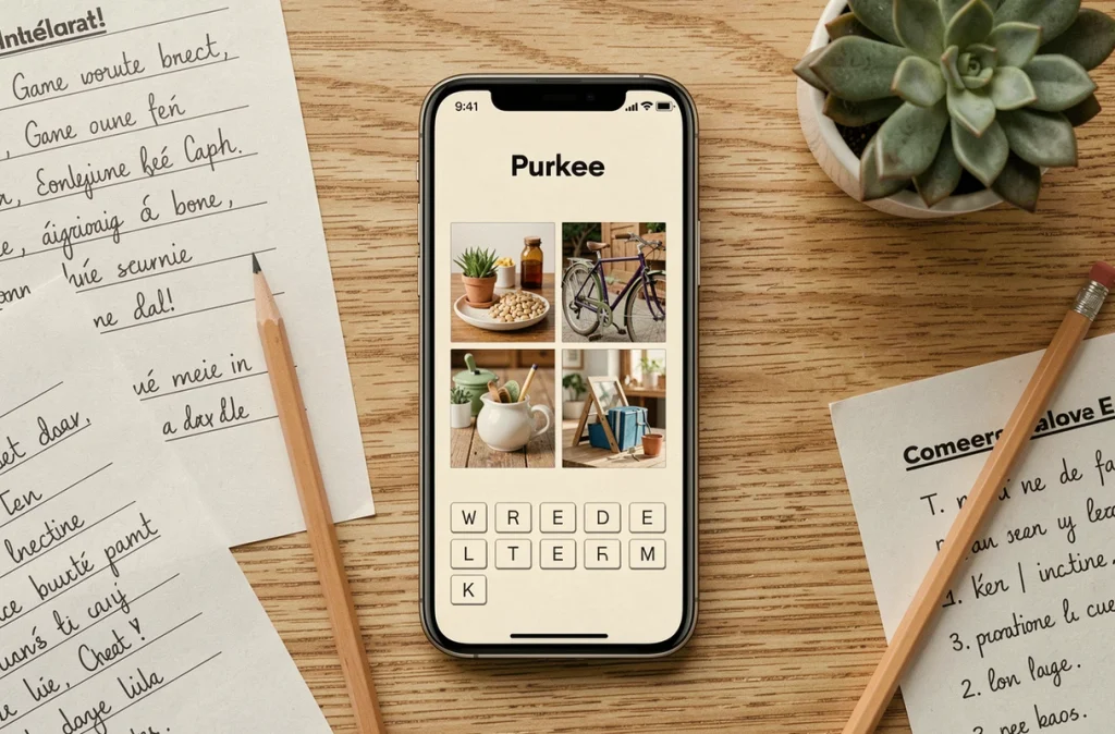 Vue de dessus d'un smartphone affichant le jeu 4 images 1 mot avec des solutions imprimées sur un bureau en bois