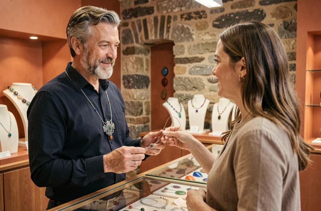 Le créateur Alain Pautot présentant un collier artisanal en argent et pierres à une cliente dans sa boutique de Clermont-Ferrand