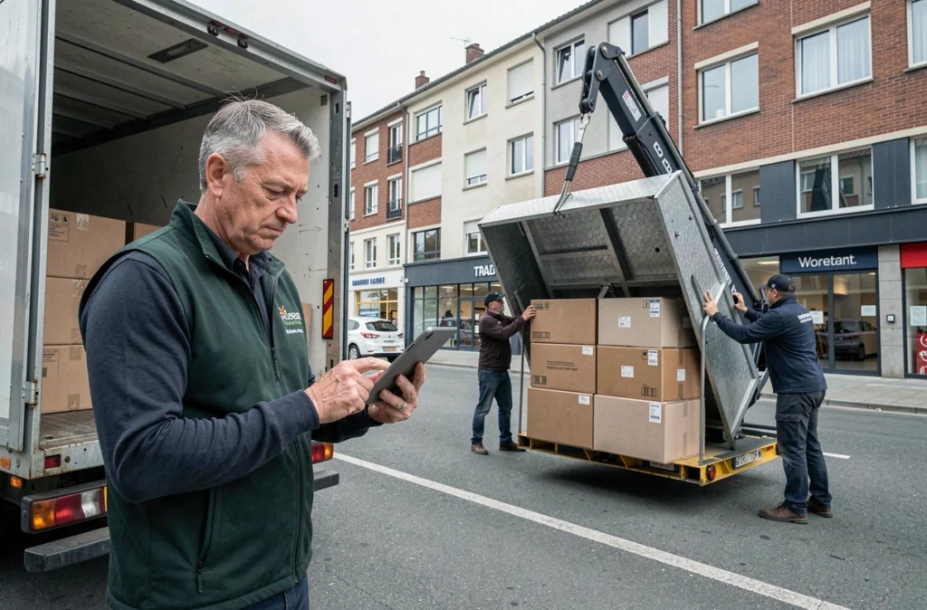Responsable ATLM supervisant le déchargement de meubles avec une tablette numérique