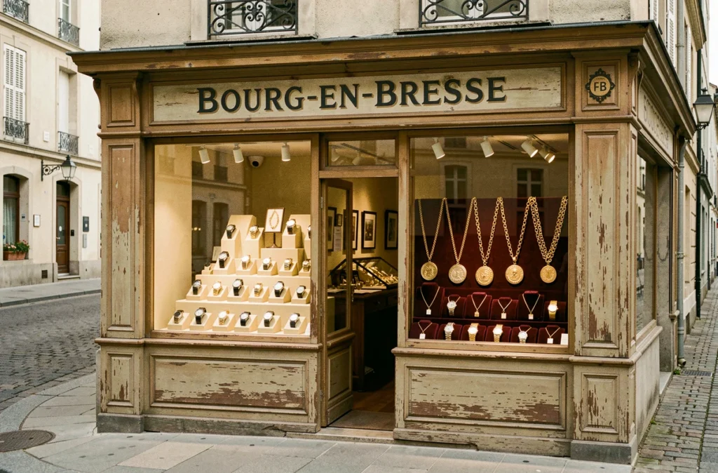 Devanture traditionnelle de la bijouterie-horlogerie Graizely à Bourg-en-Bresse avec montres et bijoux en vitrine