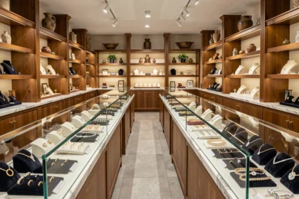 Intérieur d'une bijouterie artisanale en Auvergne-Rhône-Alpes avec des vitrines exposant des bijoux en or et diamants