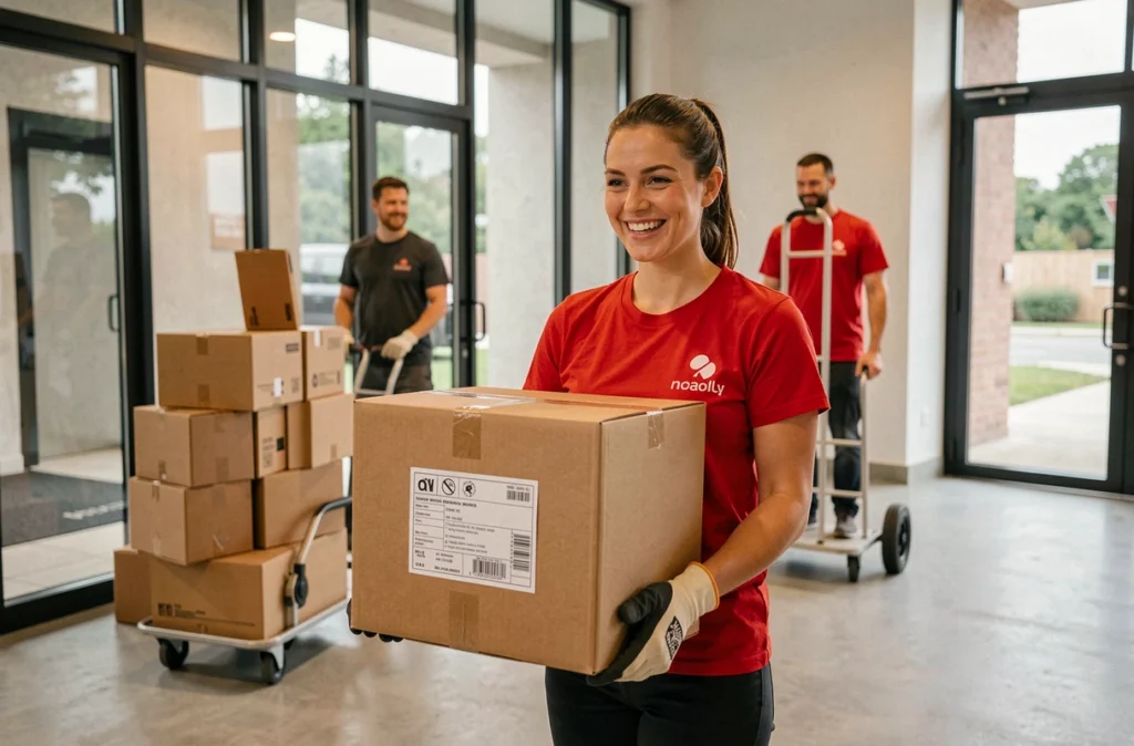 Déménageuse souriante de Ca Déménage portant des cartons hors d'un immeuble moderne