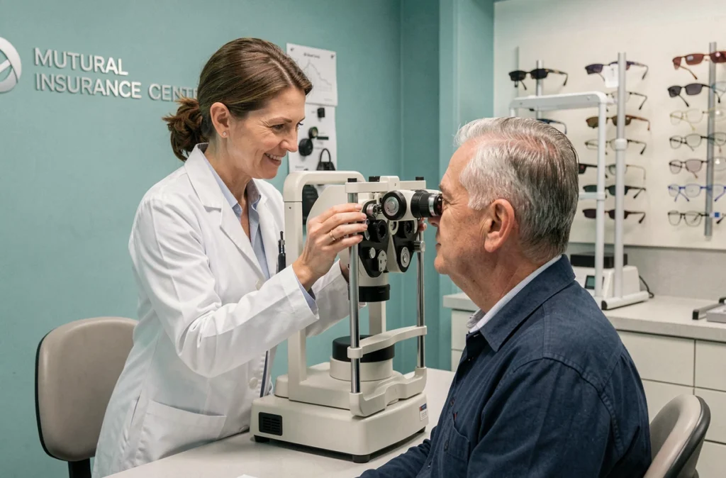Opticienne du Centre Optique Mutualiste réalisant un examen de vue pour un patient adulte avec un équipement optométrique moderne