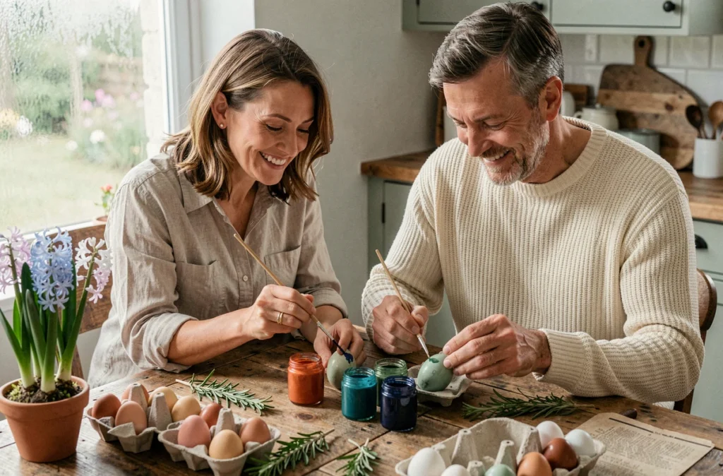 Couple adulte peignant des œufs de Pâques à la main avec des teintures naturelles sur une table en bois de ferme décorée de fleurs printanières et d'herbes fraîches