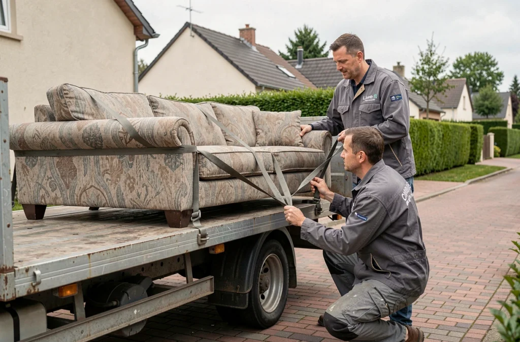 Déménageurs de Dem Ae Mallet fixant un canapé sur un camion devant une maison pavillonnaire