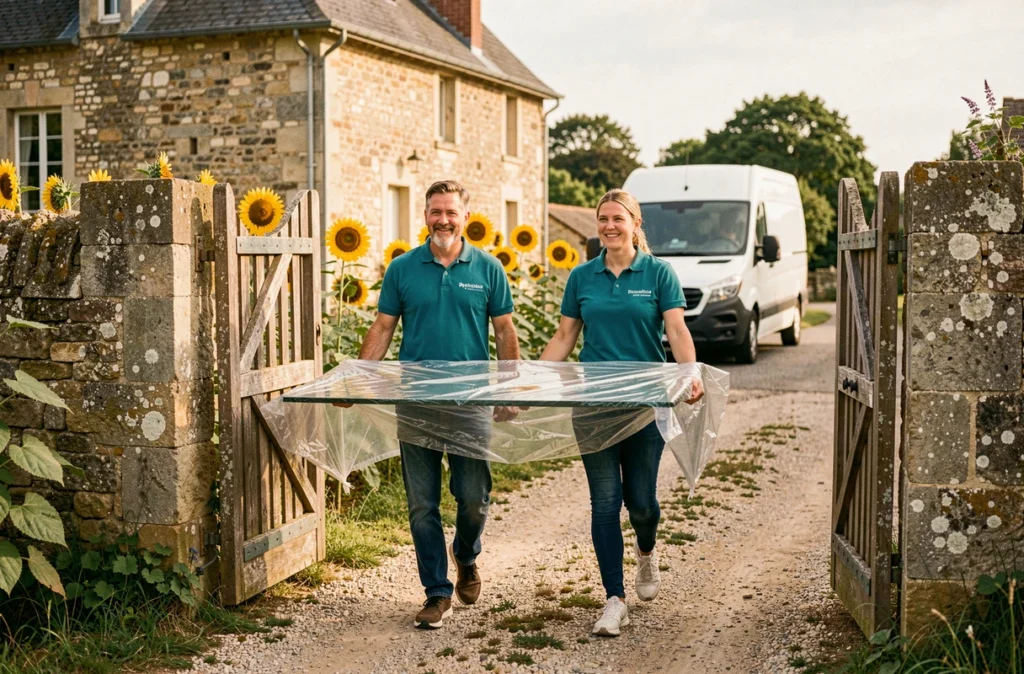 Équipe de Déménagement Et Transport Maya portant une table en verre dans une ferme en pierre