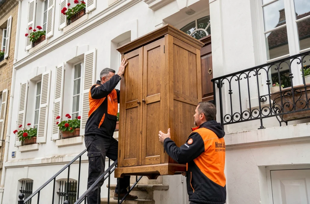 Déménageurs Sanchez montant une armoire en chêne dans un escalier extérieur d'une maison de ville