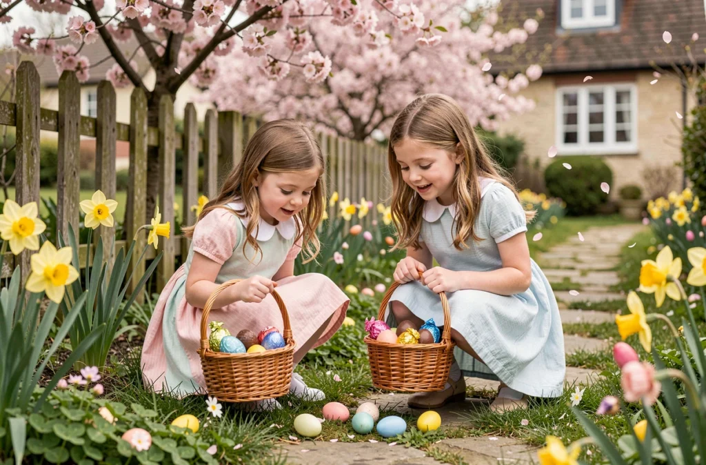 Deux fillettes en robes pastel cherchant des œufs de Pâques dans un jardin fleuri avec des jonquilles et des cerisiers en fleurs au printemps