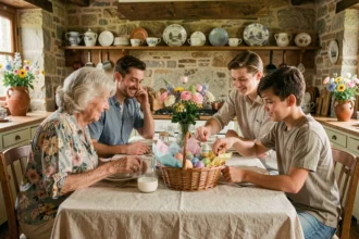 Famille multigénérationnelle réunie autour d'une table décorée pour Pâques avec des œufs colorés et des fleurs de printemps dans une cuisine rustique française