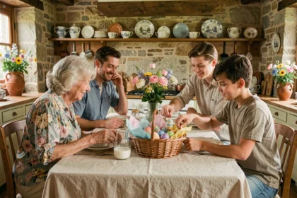 Famille multigénérationnelle réunie autour d'une table décorée pour Pâques avec des œufs colorés et des fleurs de printemps dans une cuisine rustique française