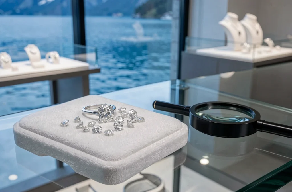 Bague solitaire diamant et diamants en vrac sur un plateau de velours blanc dans la joaillerie Favre à Annecy