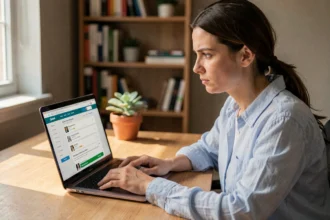 Femme consultant des avis en ligne sur un site de réservation d'activités depuis son bureau à domicile