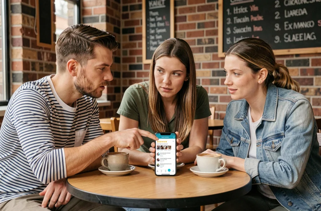 Groupe de personnes discutant des avis et de la fiabilité d'une plateforme de réservation d'activités dans un café