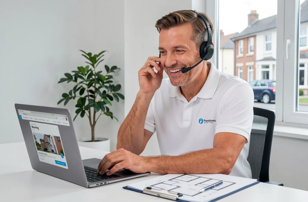 Conseiller LeDemenageur.com en consultation en ligne depuis un bureau moderne avec ordinateur portable