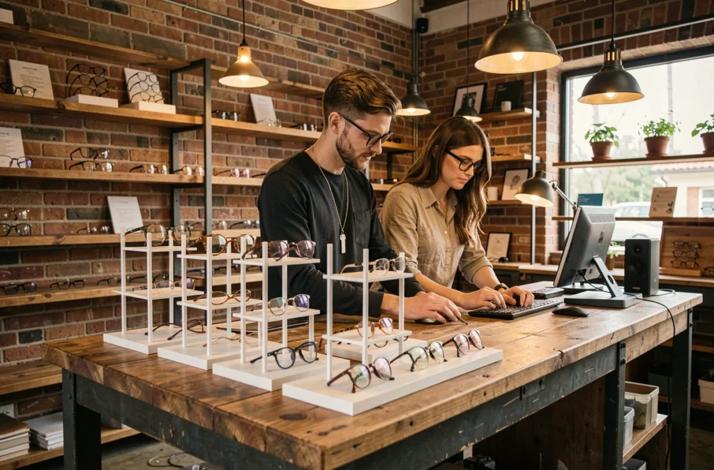 Opticiens du collectif Les Visionnaires présentant des montures artisanales dans une boutique au style industriel chic
