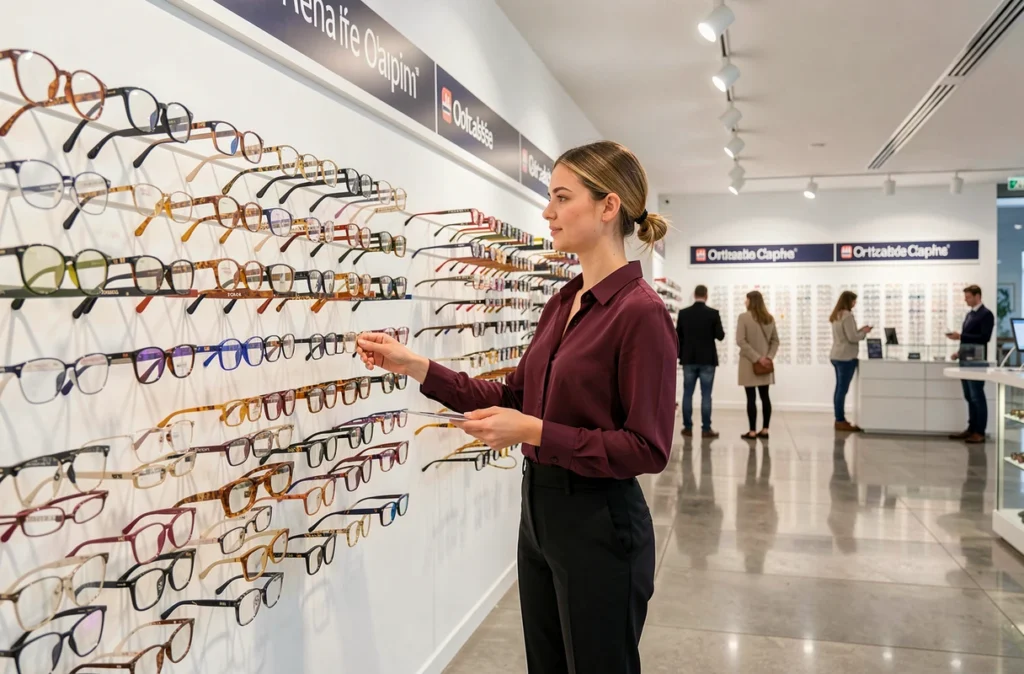 Opticienne de la boutique Lissac Toulouse conseillant une jeune femme devant un grand présentoir de montures de marque