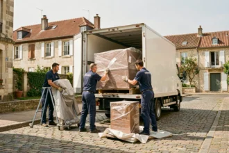 Équipe de déménageurs professionnels chargeant un camion devant une maison dans le Loiret