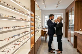 Intérieur d'une boutique d'optique moderne en Haute-Garonne avec une opticienne aidant une cliente à choisir des lunettes