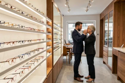 Intérieur d'une boutique d'optique moderne en Haute-Garonne avec une opticienne aidant une cliente à choisir des lunettes