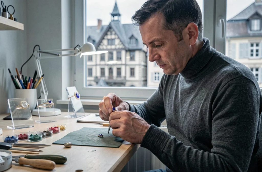 Le joaillier Michael Van serrant un saphir dans une bague en or blanc dans son atelier de Chambéry
