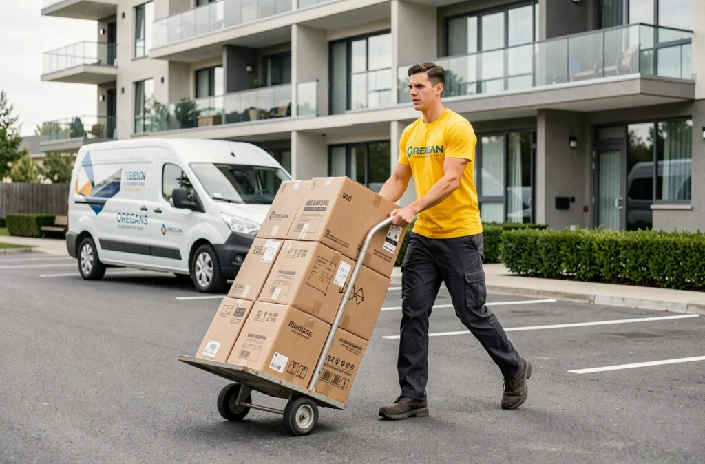Déménageur Mister Déménagement poussant un chariot de cartons vers un immeuble résidentiel moderne